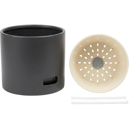 Stilld Ceramic Reservoir Planter 20 cm with Inner Pot and 2 Wicks Charcoal - Product view